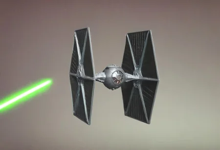 TIE fighter a star wars tie fighter flying through a city,military,no humans,night,star (sky),flying,science fiction,realistic,aircraft,space,vehicle focus,spacecraft , star wars style, battle, laser beam from tie fighter, green weapon, burstfir, shallow depth of field, vignette, highly detailed, high budget, bokeh, cinemascope, moody, epic, gorgeous, film grain, grainy