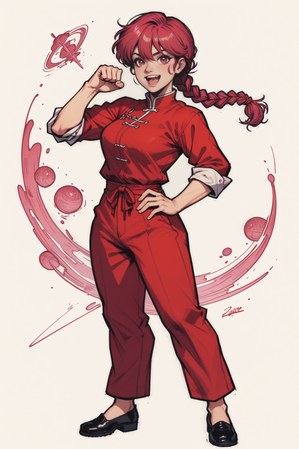 1girl, solo, braid, braided ponytail, red hair, tangzhuang, white background, full body, simple background, copyright notice, chinese clothes, open mouth, hand on own hip, smile, single braid, pants, looking at viewer, black footwear, standing, long hair, sleeves rolled up, red eyes, copyright name, :d, watermark, pink hair, flats, long sleeves, shirt, breasts, red shirt, clenched hand, hair between eyes, shoes, pink eyes, brown eyes
ranma-chan, <lora:Expressive_H:0.5>, score_9, score_8_up, score_8_up, a_Comic_Illustration, rough lines with ink, (drawn:1.1), (sketch:1.5), (crosshatching:1.25), (comic style:1.1), graphic novel style, sharp lines, hires, zstyle, (western comics \(style\):1.1), (hatching \(texture\):1.2), zPDXL, Mr_Monster_Possitive, beautiful detailed eyes, extreme details eyes,  perfect anatomy,, 1girl, thighs, cowboy shot
