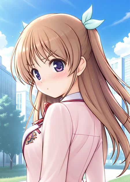 masterpiece, best quality, very aesthetic, absurdres, official art, official style, general, censored BREAK,
<lora:shirasakitsugumi_IL_v1-1:0.7>, shirasaki tsugumi, 1girl, solo, purple eyes, blue eyes, light brown hair, long hair, two side up, hair ribbon, white ribbon, light green ribbon, medium breasts, school uniform, blazer, pink jacket, open jacket, button, pocket, red bowtie, plaid bowtie, white shirt, collared shirt, yellow sweater vest, long sleeves, outdoors, day, blue sky, tree, cloud, building, city, grass, portrait, close-up,
blush, :t, closed mouth, from behind, from side, looking at viewer, looking back, pout