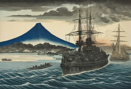 woodcut, tokio bay 1865, big black steam powered battleship, armoured battleship, gustave dore style, gustave dore clouds, hokusai waves, hokusai mount fuji in the background