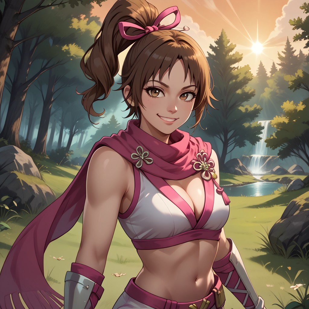 score_9, score_8, BREAK, solo, Kunoichi, brown hair, ponytail, hair ribbon, pink ribbons, brown eyes, pink scarf, midriff, navel, cleavage, white crop top, pink gloves, white bracers, white shorts, white shin guards, pink thigh highs, toeless sandals, bare shoulders, sexy pose, self portrait, smile, outdoors, sunlight, shadows, evening lighting, natural lighting, forest, trees, grass, orange sky, sunset