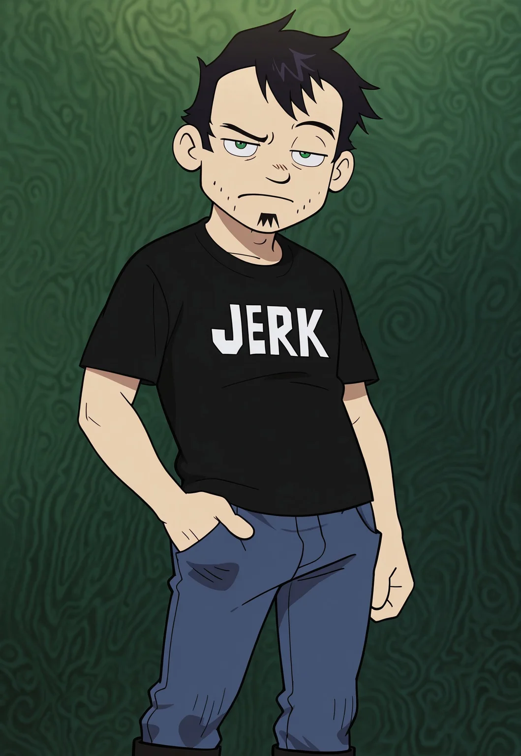 masterpiece, best quality, amazing quality, detailed background, intricate details, dynamic, cinematic, cartoon, anime, cartoon shading, solo, male focus, source_anime,high resolution, newest, depth of field, bara, yaoi, perfect face, 1boy, d4n, green eyes, black hair, messy hair, soul patch, stubble, jerk t-shirt, black t-shirt, blue jeans, black boots, looking at viewer, unbothered, arched eyebrow, hand on pocket, upper boddy, dark green background, abstract background, dutch angle