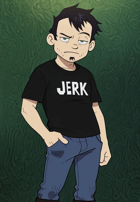 masterpiece, best quality, amazing quality, detailed background, intricate details, dynamic, cinematic, cartoon, anime, cartoon shading, solo, male focus, source_anime,high resolution, newest, depth of field, bara, yaoi, perfect face, 1boy, d4n, green eyes, black hair, messy hair, soul patch, stubble, jerk t-shirt, black t-shirt, blue jeans, black boots, looking at viewer, unbothered, arched eyebrow, hand on pocket, upper boddy, dark green background, abstract background, dutch angle
