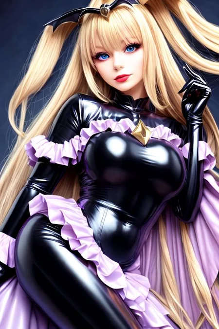 blonde evil corrupted young princess wearing dark pastel (ruffled:1) (gleaming latex:1) Bad_End_Precure gown with (long latex cape:1) and latex elbow bridal gauntlets, (Perfect Face:1), soft lighting, glossy red lips, ruffles