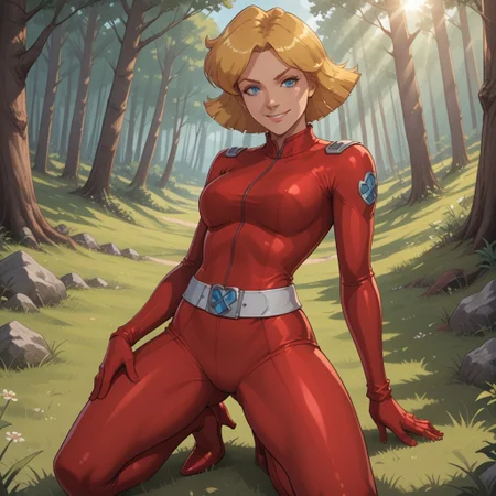 score_9, score_8, BREAK, solo, Clover_(Totally_Spies), blonde hair, short hair, blue eyes, red gloves, red latex bodysuit, belt, skin tight, high heels, sexy pose, self portrait, smile, looking at viewer, outdoors, sunlight, shadows, evening lighting, natural lighting, forest, trees, grass, orange sky, sunset
