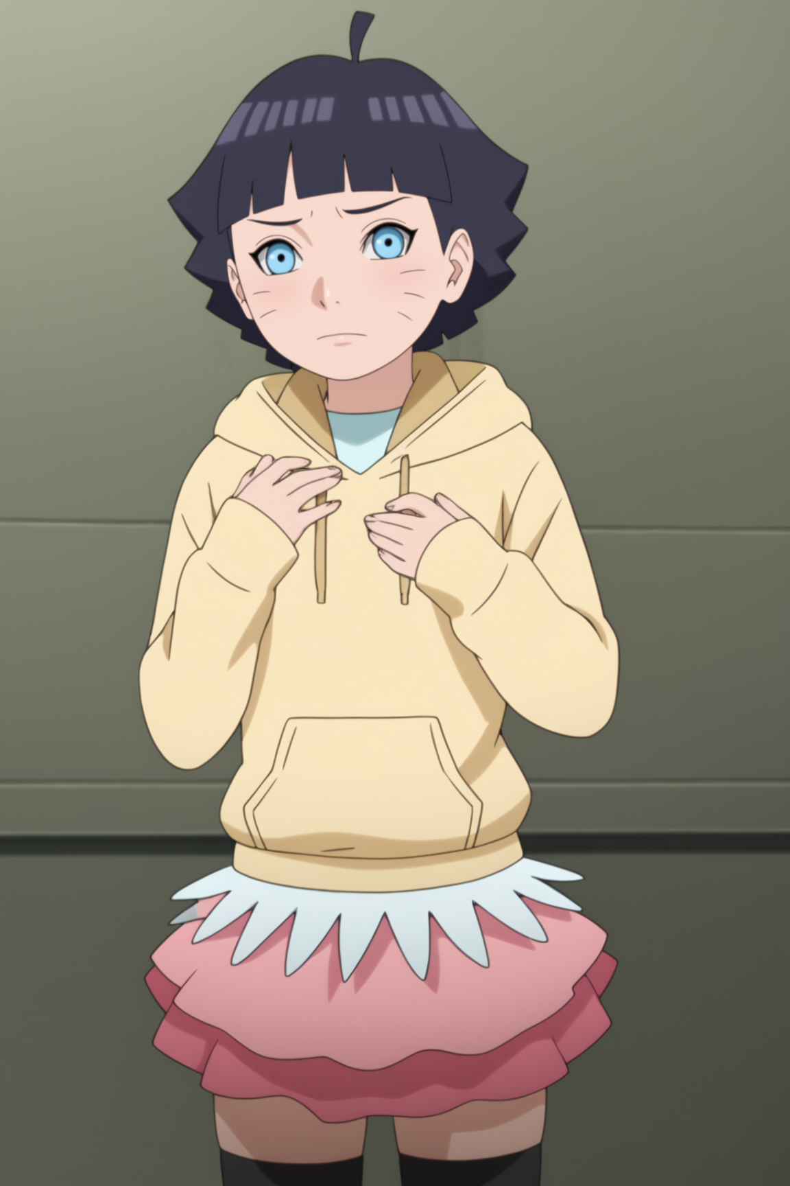 score_9, score_8_up, score_7_up, source anime, prefect lighting, very aesthetic, BREAK, anime coloring, anime screencap,
<lora:uzumaki_himawari_v2-pdv6:0.9>, 1girl, uzumaki himawari, boruto: naruto next generations, blue eyes, black hair, whisker markings, short hair, ahoge, 
himaout, hoodie, pink skirt, layered skirt, black thighhighs, zettai ryouiki,
BREAK, looking at viewer, 
BREAK,   raised eyebrow, Placing hand on chest