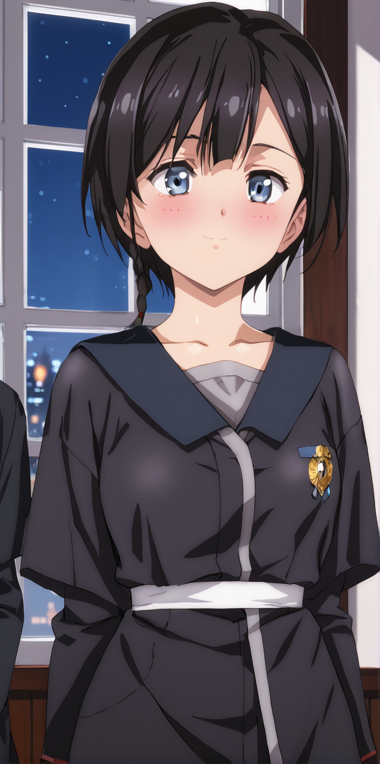 1girl, 1boy, masterpiece, highres, high quality,night, dark room,
score_9, score_8_up, score_7_up, score_6_up, source_anime,
(mature female), cowboy shot, 
BREAK
indoors, (blush:2), seductive smile, smile, 
covered nipples, 
BREAK,
BREAK,
Saya, short hair, blue eyes, black hair, braid,<lora:Urushihara Satoshi_XL_PONY_V2:0.9>,<lora:WanderingWitch:0.8>
