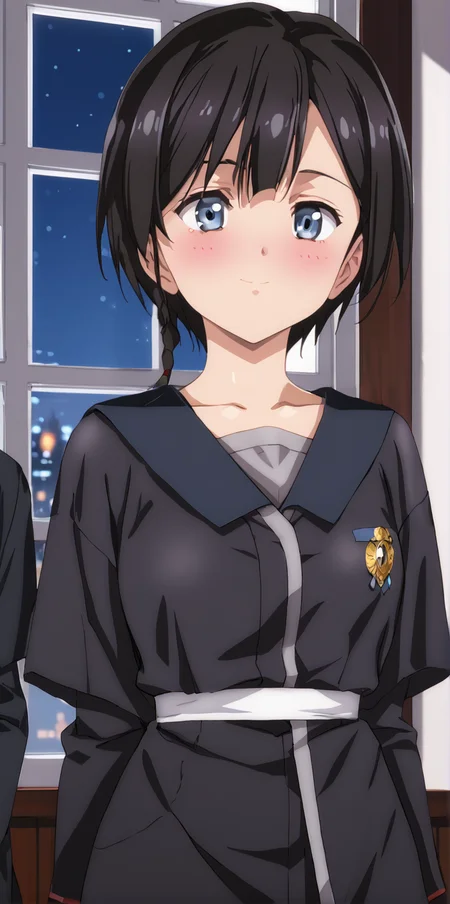 1girl, 1boy, masterpiece, highres, high quality,night, dark room,
score_9, score_8_up, score_7_up, score_6_up, source_anime,
(mature female), cowboy shot,
BREAK
indoors, (blush:2), seductive smile, smile,
covered nipples,
BREAK,
BREAK,
Saya, short hair, blue eyes, black hair, braid,<lora:Urushihara Satoshi_XL_PONY_V2:0.9>,<lora:WanderingWitch:0.8>