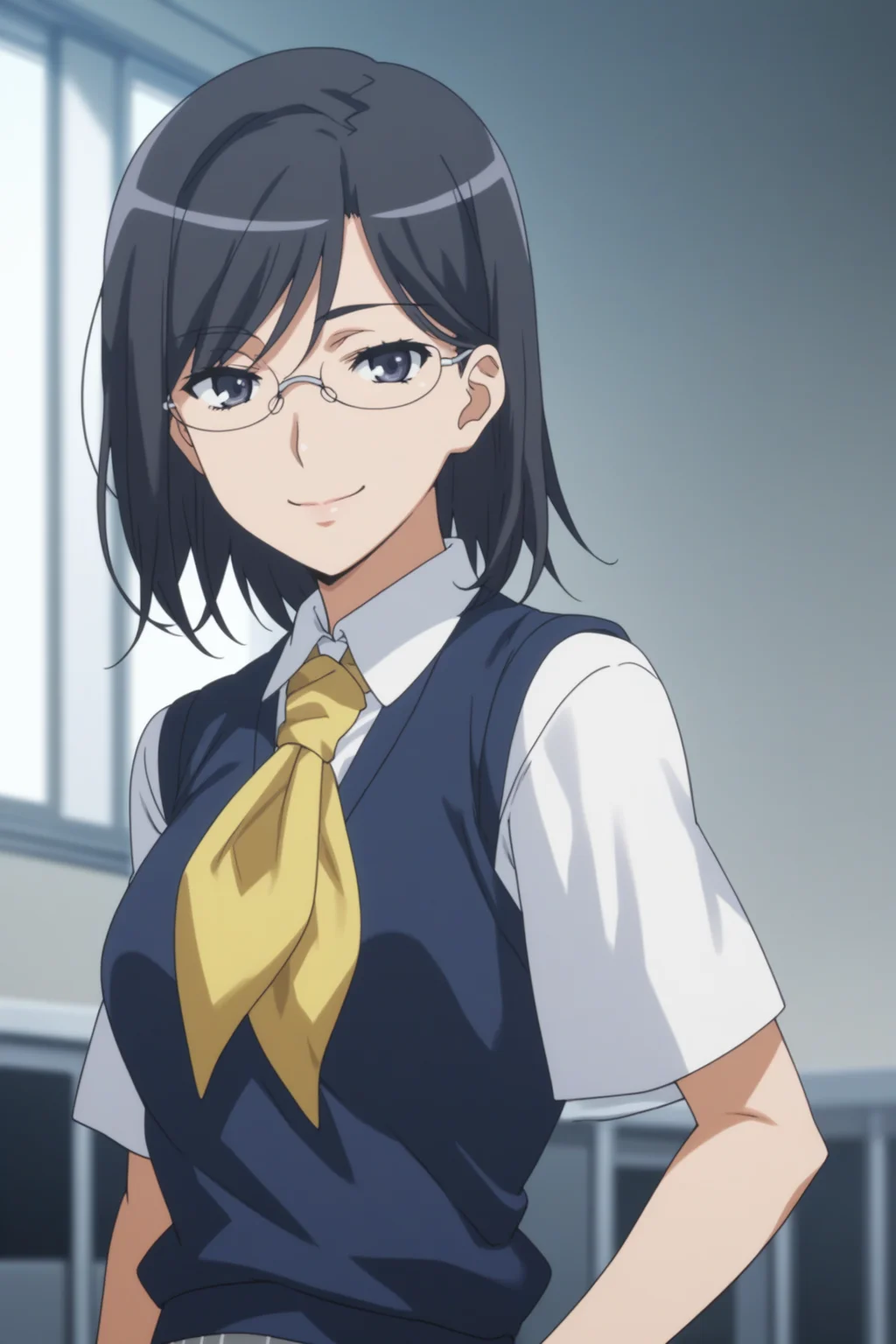 score_9, score_8_up, score_7_up, score_6_up, score_5_up, source_anime, rating_safe, smile, indoors, 1girl, solo, looking at viewer, <lora:age_slider_v4:2>, konori mii, black hair, short hair, black eyes, glasses, konorischool, school uniform, short sleeves, yellow neckerchief, white shirt, collared shirt, armband, blue sweater vest, untucked sweater, grey skirt, pleated skirt, white socks, loafers, <lora:Mii_Konori:0.8>, half closed eyes, (upper body:1.2)