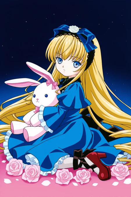 <lora:RozenMaiden:1>, RozenMaiden, 1girl, long hair, solo, blonde hair, stuffed toy, stuffed rabbit, stuffed animal, blue eyes, flower, rose, looking at viewer, bow, dress, very long hair, frills, kneeling, wide sleeves, hair bow, pantyhose, blue dress, looking to the side, white rose, pink rose, long sleeves, pink flower, white flower, high heels, chain, hairband, from side, boots, blue bow