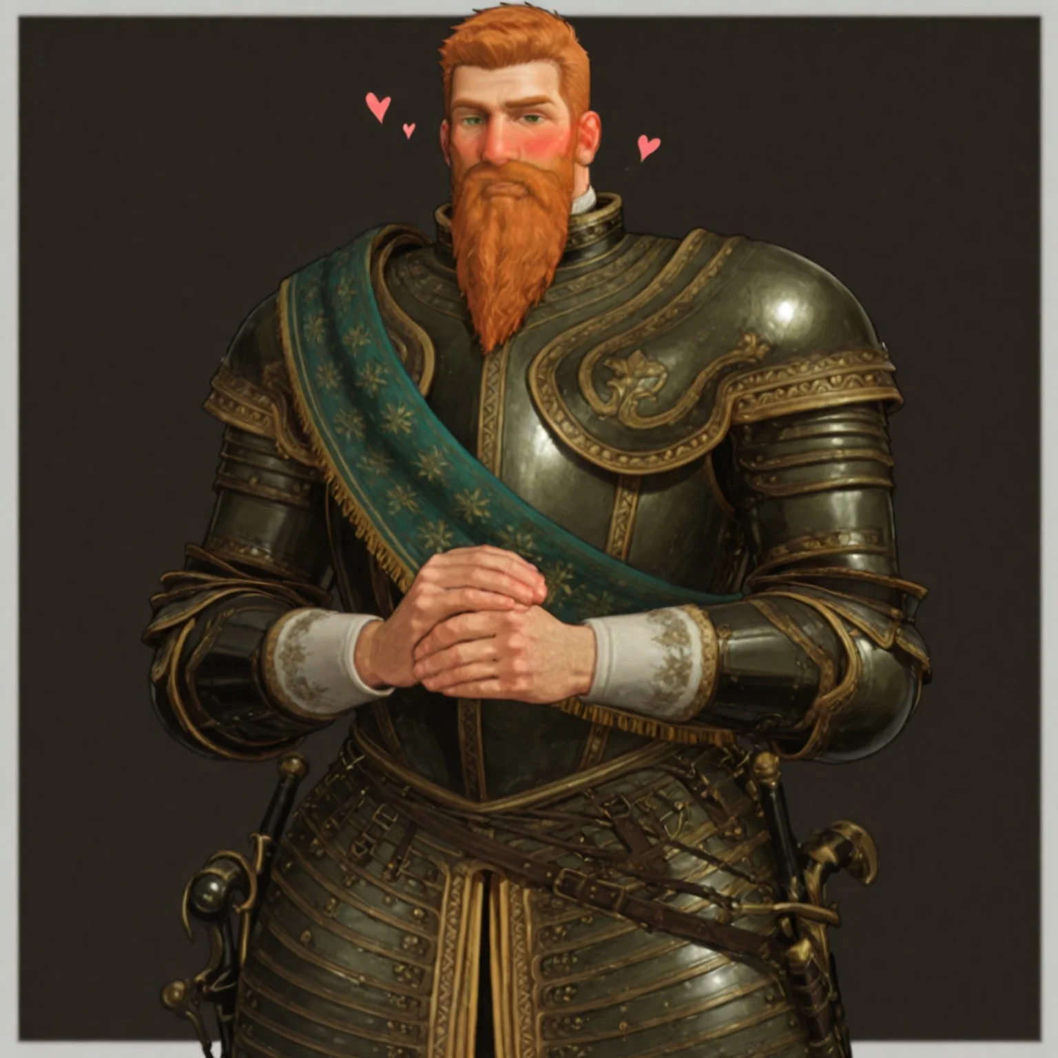 masterpiece, best quality, newest, absurdres, highres, Diz_D00dz, white borders around characters, soft light, BREAK bara, muscular, 1man, male focus, male, male focus, 1boy, GustavusIICIVV, dark green eyes, ginger hair, short hair, facial hair, long beard, mustache, handlebar moustache, thin eyebrows, metal armor, {{beefy}}, {{muscular}}, {{large}}, smirk, looked at the viewer, close up to face, blushing, smiling, embarrassing, closed eyes, hearts