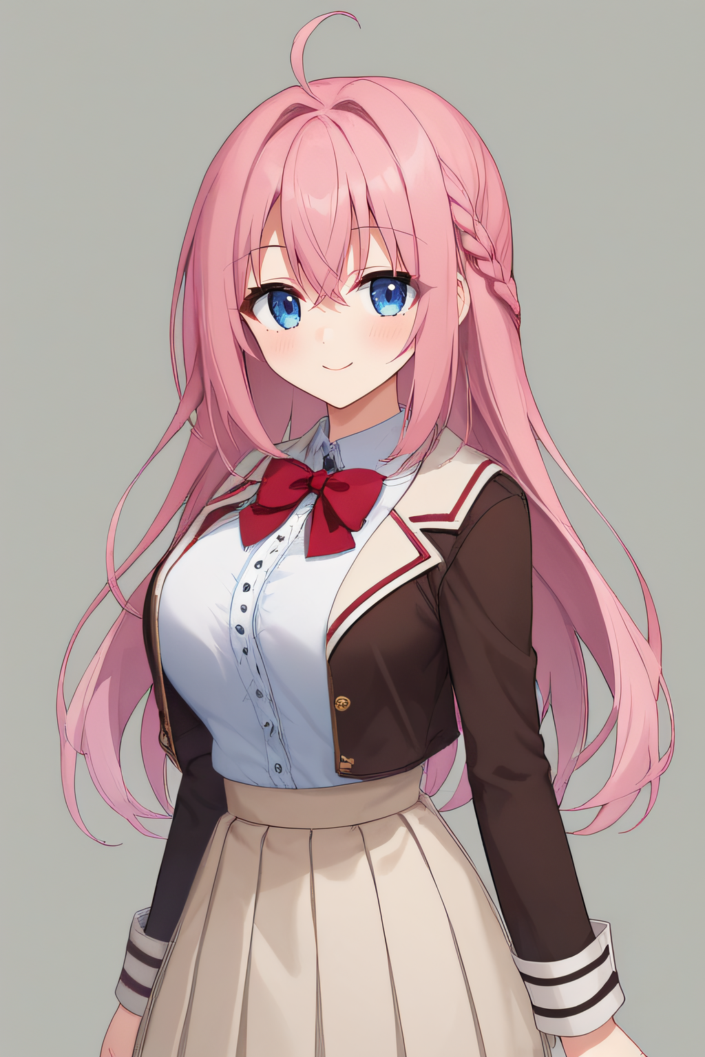 score_9, score_8_up, score_7_up, source_anime, rating_safe, intricate details, anime screencap, official style, 1girl, solo, <lora:Izumi_Maaya:1>, maaya, pink hair, blue eyes, ribbon hair wrap, ahoge, long hair, school uniform, white shirt, red bowtie, dark brown jacket, cropped jacket, large breasts, juliet sleeves, white cuffs, pale brown skirt, pleated skirt, thighs, looking at viewer, smile, simple background, cowboy shot