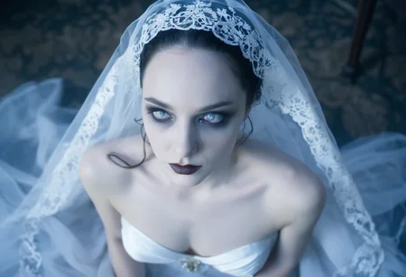 cinematic frame (close-up face:1.2) of a deathly pale bride kneeling, face focus, from above, white lace veil, blue eyes, blank facial expression, detailed skin, photorealistic, soft light, creepy atmosphere, style of gothic horror films <lora:corpse:0.8>