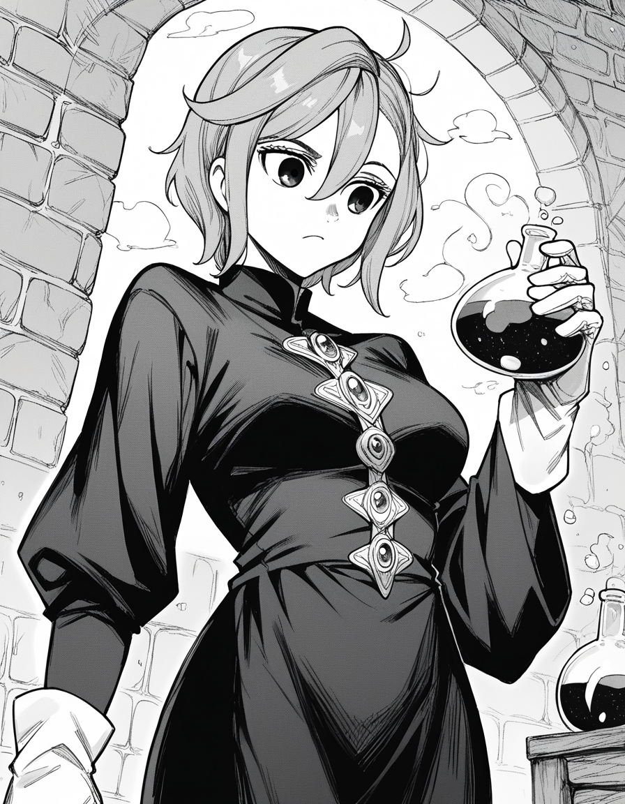 score_9, score_8_up, score_7_up, source_anime, <lora:aira-shiratori-manga-ponyxl-lora-nochekaiser:1>, aira shiratori, monochrome, greyscale, short hair, sidelocks, bangs, hair between eyes, medium breasts,, <lora:wizard-ponyxl-lora-nochekaiser:1>, wizard, wizard hat, robe, dress, long sleeves, gloves,, indoors, bricks, potion, flask, vial,, cowboy shot,, , dutch angle, cowboy shot
