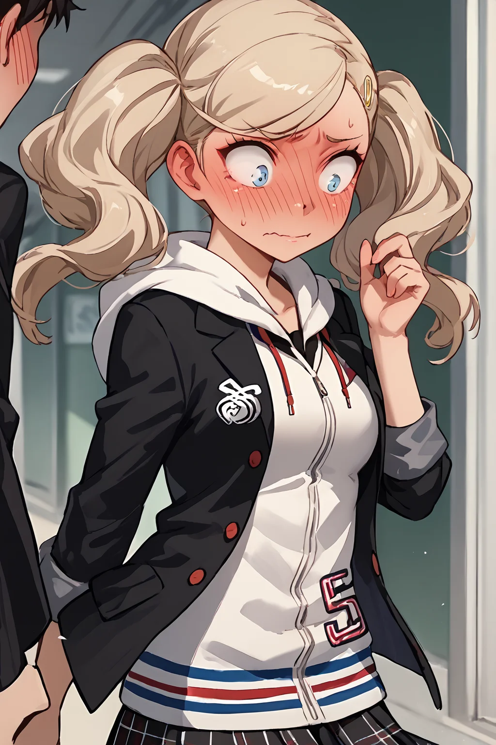 score_9, score_8_up, score_7_up,source_anime, 1girl, <lora:AnnP5-pdxl:1> defAnn, twintails, hairclip, school uniform, black jacket, open jacket, white hoodie, plaid skirt, red pantyhose,<lora:Full-face_Blush_r1:1> b1ush, full-face blush, embarrassed, ear blush