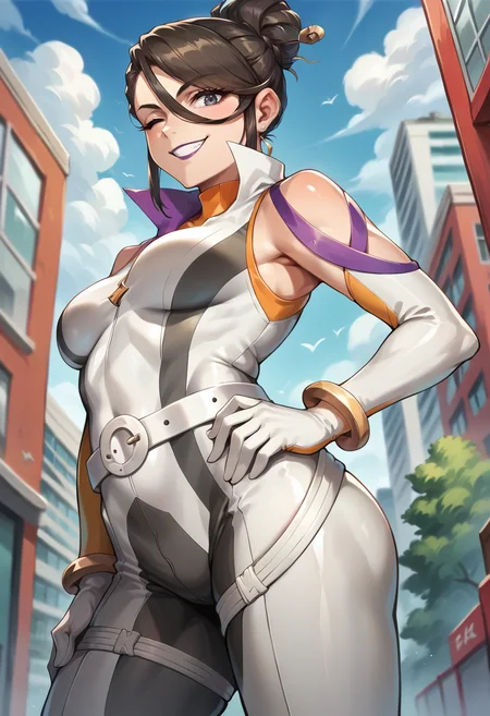 score_9, score_8_up, score_7_up, source_anime, masterpiece, 1girl, ct_s1erra, grey eyes, medium breasts, yellow turtleneck, white bodysuit, elbow gloves, logo, R, white belt, bracelet, outdoors, city, depth of field, from below, hand on hip, smile, looking at viewer, curvy, one eye closed, from side,<lora:Sierra_pokemongo_ct:1>