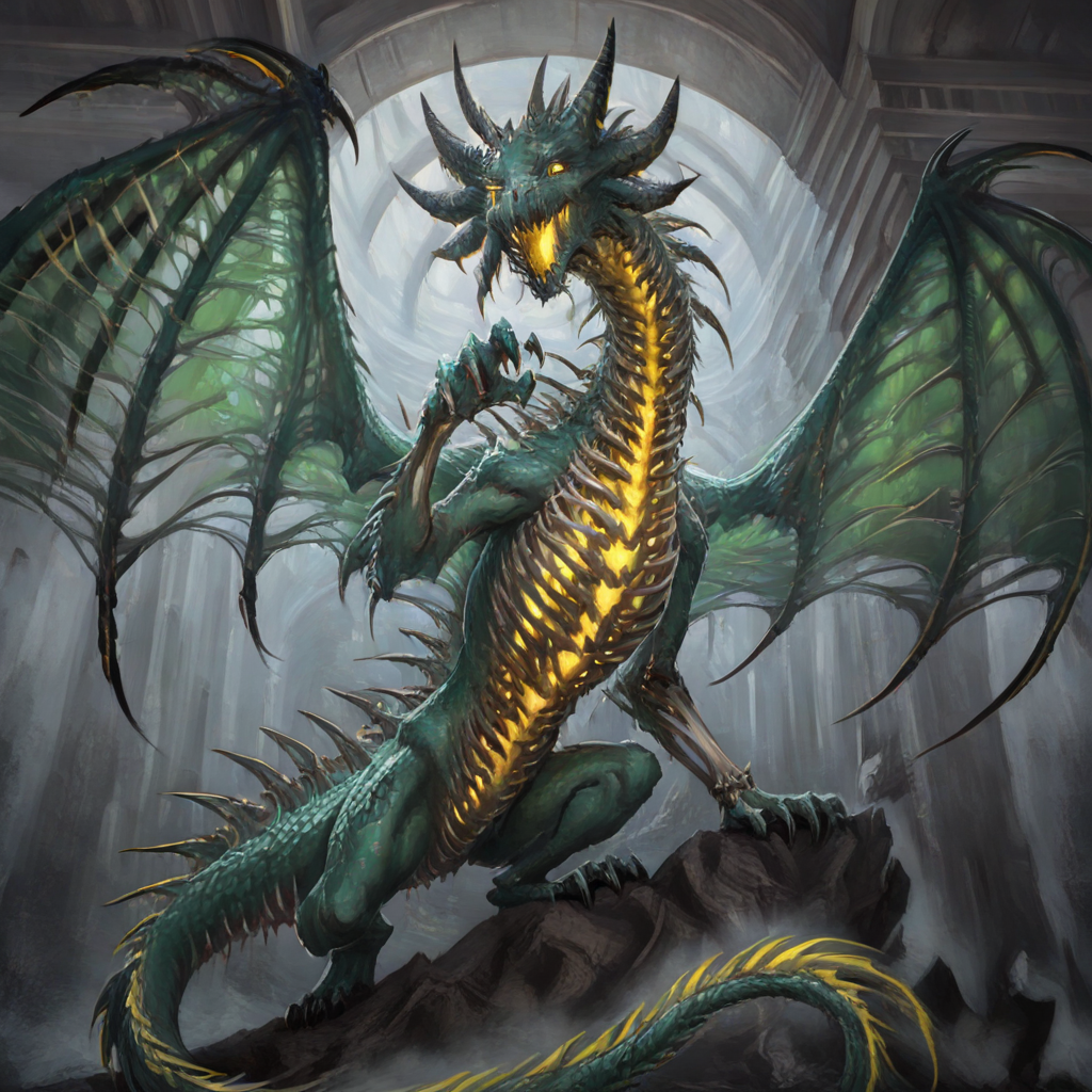 masterpiece, best quality, newest, absurdres, highres, DRALV1.0, undead dragon, undead, skeleton, bones, monster, no humans, dragon, wings, tail, wings, dragon wings, dragon horns, horns, multiple horns, green scales, yellow eyes,