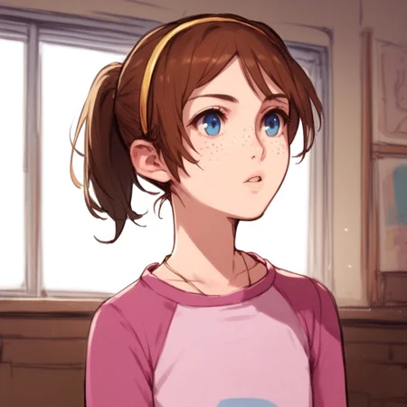 sketch, anime coloring, score_9, score_8_up, score_7_up, score_6_up, girl, freckles, solo, hairband, indoors, raglan sleeves, shirt, brown hair, necklace, upper body, lips, window, jewelry, short hair, ponytail, blue eyes, parted lips