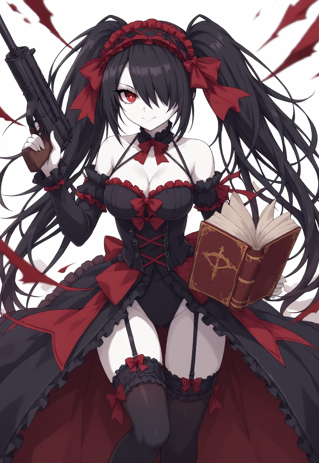 embedding:urn:air:sd1:embedding:civitai:222256@250708, 1girl, solo, red eyes,  collarbone, cleavage, twintails, black hair, white skin, long hair, hair over one eye,  looking a viewer, smile, arm strap, black thighhighs, book, bow, breasts, cowboy shot, frilled bow, frills, garter straps, gothic hairband, gun, holding gun, holding weapon, ((gothic fashion:1)), medium breasts, red bow, red pupils, thighhighs, weapon,