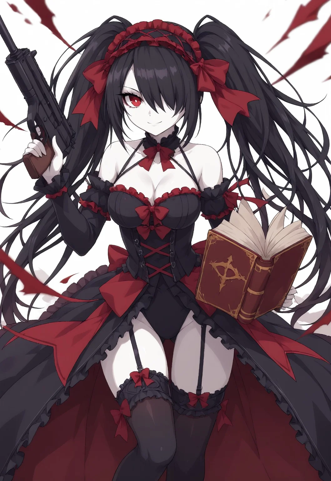 embedding:urn:air:sd1:embedding:civitai:222256@250708, 1girl, solo, red eyes, collarbone, cleavage, twintails, black hair, white skin, long hair, hair over one eye, looking a viewer, smile, arm strap, black thighhighs, book, bow, breasts, cowboy shot, frilled bow, frills, garter straps, gothic hairband, gun, holding gun, holding weapon, ((gothic fashion:1)), medium breasts, red bow, red pupils, thighhighs, weapon,