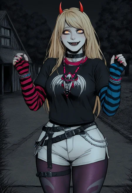 masterpiece, best quality, outdoors, greyscale, hatching (texture), linear hatching, wide hips, athletic, looking at viewer, sexy standing, rawr pose, long hair, night bedroom goth creepy, open mouth fangs, crazy eyes, crazy face, 1girl, solo, power woman, rosy cheeks, blond hair, red horns, yellow eyes, cross-shaped pupils, black collar, necklace, black shirt, striped sleeves, mismatched sleeves, blue sleeve, pink sleeve, fingerless gloves, fingerless gloves, striped gloves, bracelet, ring, black belt, multiple belts, white shorts, purple pantyhose, pantyhose under shorts
