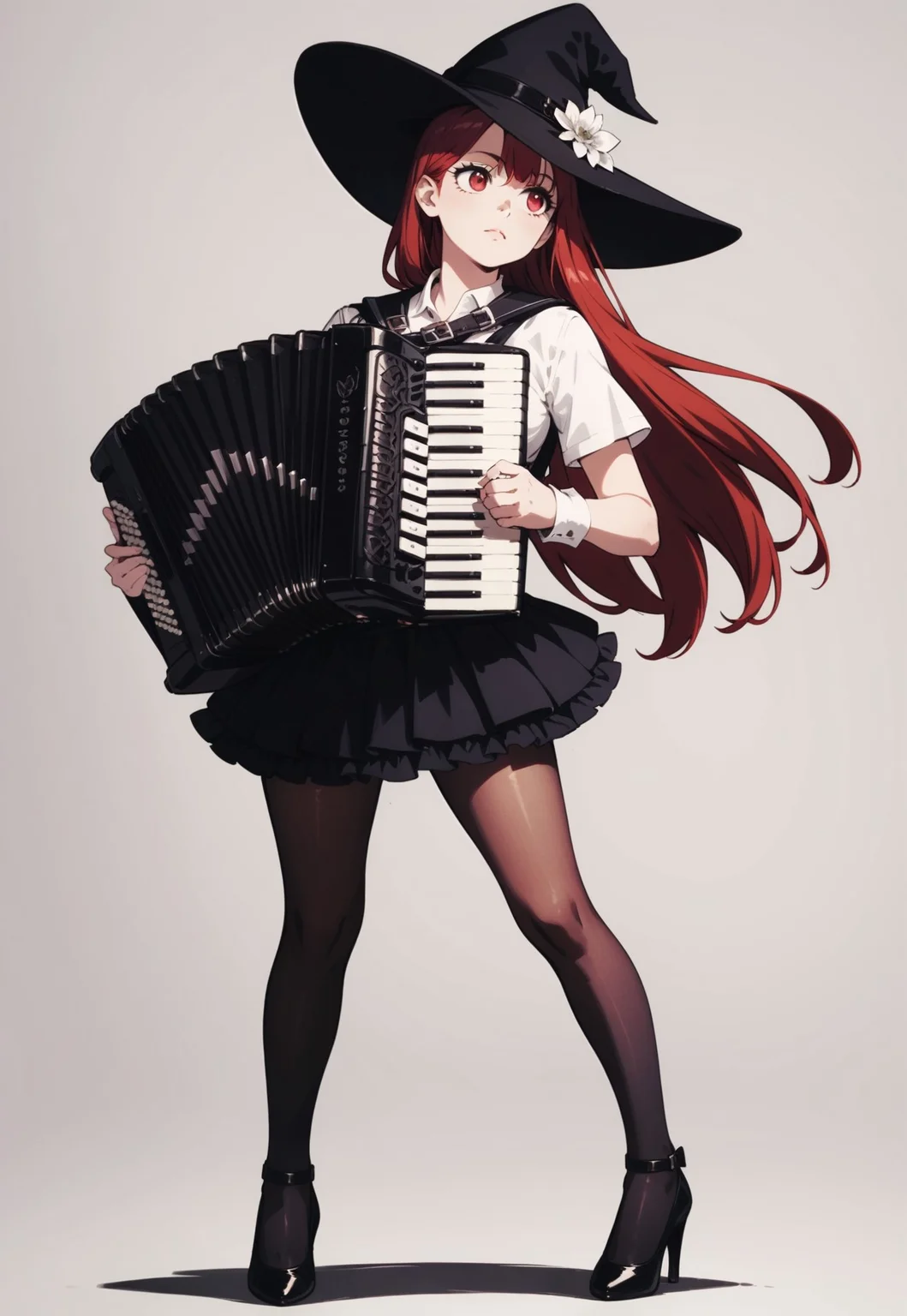 safe_pos, 1girl, red hair, long hair, red eyes, black witch hat, black short sleeve blouse, black short frill skirt, black pantyhose, high heels,
full body, stand, simple background, medium breasts,
score_9, score_8_up, score_7_up,
playing accordion, accordion <lora:accordion-pony:0.9>