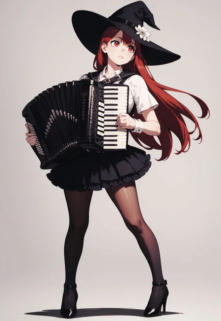 safe_pos, 1girl, red hair, long hair, red eyes, black witch hat, black short sleeve blouse, black short frill skirt, black pantyhose, high heels,
full body, stand, simple background, medium breasts,
score_9, score_8_up, score_7_up,
playing accordion, accordion <lora:accordion-pony:0.9>