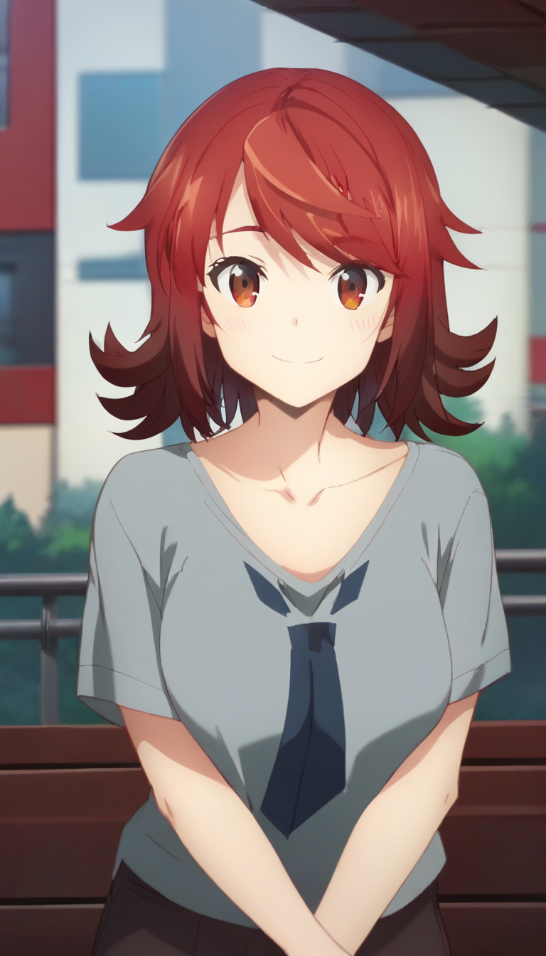 score_9,score_8_up,score_7_up,score_6_up BREAK official art,solo,outdoors,upper body,(portrait:1.5),looking at viewer,facing viewer,smile,blush,Enjo Retto,medium hair,red hair,gradient hair,brown hair,bangs,brown eyes,collarbone,t-shirt,grey shirt,short sleeves,medium breasts,skindentation,black pants,thighs,loafers,<lora:Enjo Retto(dhh)-Pony:1.8>,