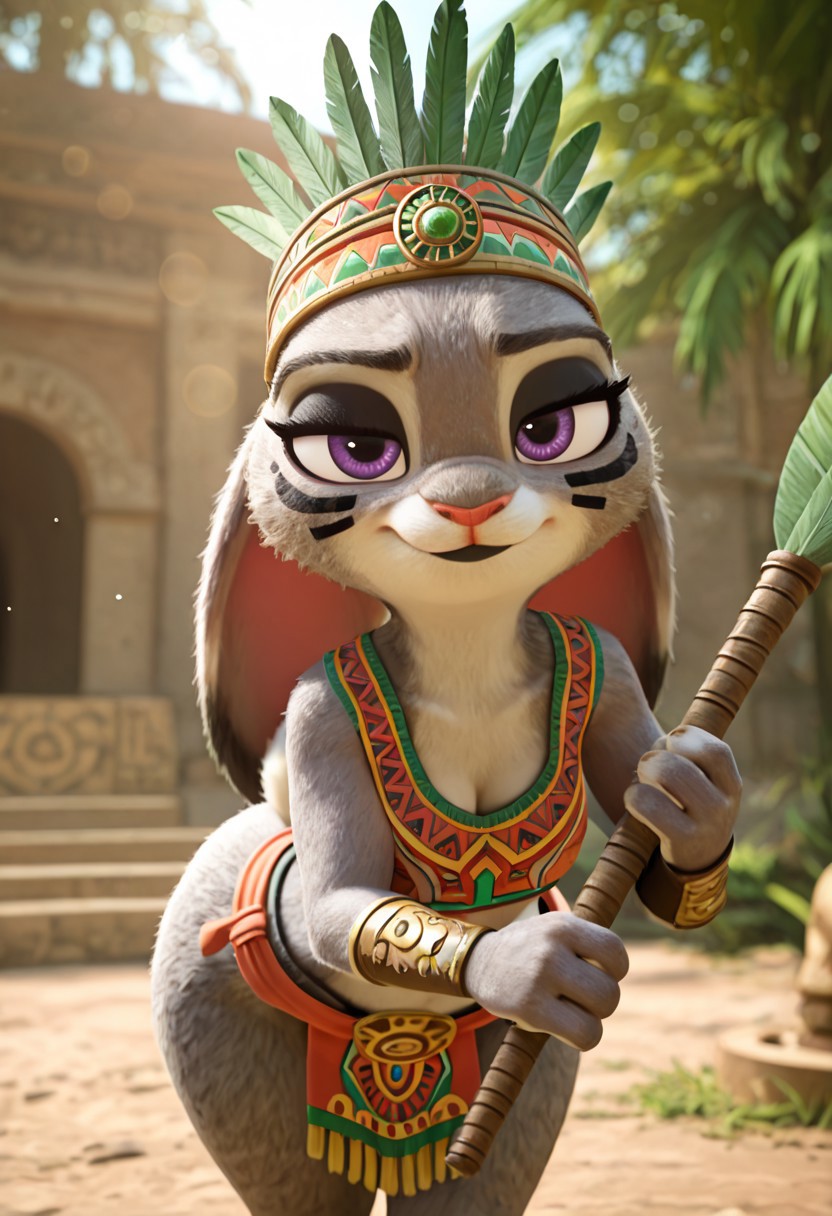 masterpiece, best quality, absurdres, highres, high quality, highly detailed, amazing quality, detailed background, 3d, photorealistic, (bokeh:1.3), official art, Hoovesart, 3d, gloss_(hotglossed), 
solo, (shortstack:1.5), JudyHopps ((ultra-detailed body, ultra-detailed fur:1.5)), solo, furry female, rabbit girl, rabbit ears, , ,solo,furry female,rabbit girl,rabbit ears,purple eyes,animal nose,body fur,two-tone fur,grey fur,white fur,rabbit tail, small breasts, wide hips, black eyeshadow, black lipstick, two-tone fur, grey fur, white fur, rabbit tail, close-up, cowboy shot, lidded eyes, sultry
headdress, facepaint, long eyelashes, bodypaint, feathers, mexican clothes, , , , rear view, three-quarter view, standing, bent over, weapon in hand, leaning against weapon, weapon pointed down, cleavage, smirk, looking at viewer, , , , outdoors, Mesoamerican jungle, temple, hot and humid climate, aztec, macuahuitl, well-lit, fill light, (close-up:1.5), closeup,