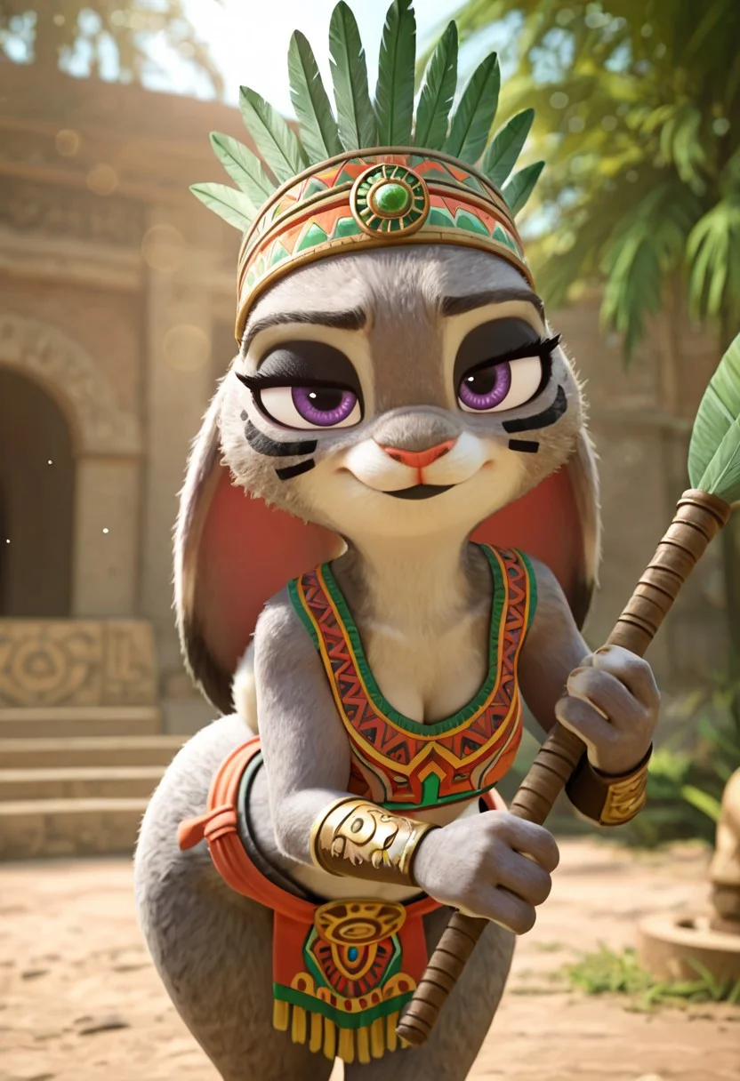 masterpiece, best quality, absurdres, highres, high quality, highly detailed, amazing quality, detailed background, 3d, photorealistic, (bokeh:1.3), official art, Hoovesart, 3d, gloss_(hotglossed),
solo, (shortstack:1.5), JudyHopps ((ultra-detailed body, ultra-detailed fur:1.5)), solo, furry female, rabbit girl, rabbit ears, , ,solo,furry female,rabbit girl,rabbit ears,purple eyes,animal nose,body fur,two-tone fur,grey fur,white fur,rabbit tail, small breasts, wide hips, black eyeshadow, black lipstick, two-tone fur, grey fur, white fur, rabbit tail, close-up, cowboy shot, lidded eyes, sultry
headdress, facepaint, long eyelashes, bodypaint, feathers, mexican clothes, , , , rear view, three-quarter view, standing, bent over, weapon in hand, leaning against weapon, weapon pointed down, cleavage, smirk, looking at viewer, , , , outdoors, Mesoamerican jungle, temple, hot and humid climate, aztec, macuahuitl, well-lit, fill light, (close-up:1.5), closeup,