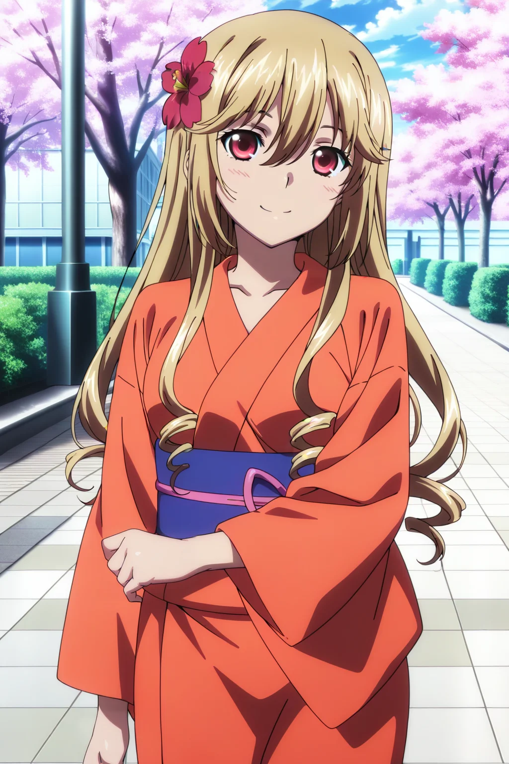 anime screenshot, strike the blood, 1girl, solo, aiba asagi, blonde hair, long hair, straight hair, drill hair, hair flower, red flower, red eyes, medium breasts, kimono, yukata, red kimono, looking at viewer, smile, cowboy shot, outdoors, cherry blossoms, masterpiece, best quality, high quality, highres, absurdres, <lora:aiba_asagi_ILXL:0.9>
