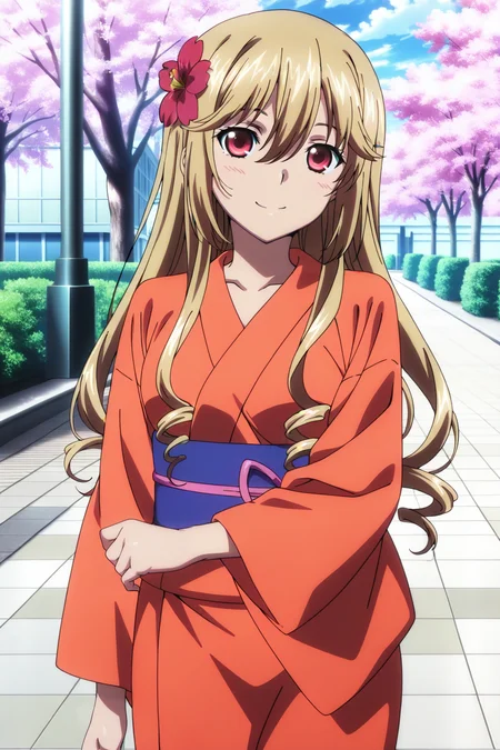 anime screenshot, strike the blood, 1girl, solo, aiba asagi, blonde hair, long hair, straight hair, drill hair, hair flower, red flower, red eyes, medium breasts, kimono, yukata, red kimono, looking at viewer, smile, cowboy shot, outdoors, cherry blossoms, masterpiece, best quality, high quality, highres, absurdres, <lora:aiba_asagi_ILXL:0.9>