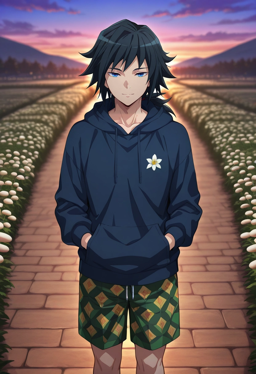 masterpiece, best quality, intricate details, anime screencap, anime coloring, , looking at viewer, 1boy, solo, male focus, <lora:giyuu_tomioka_ilxl:0.94>, giyuu_tomioka, black hair, blue eyes, bangs, long hair, low ponytail, , , fairy market, mushroom stalls, light wares, flower paths, shopping pose, delighted expression, twilight, Tailored board shorts, Henley hoodie, , ,