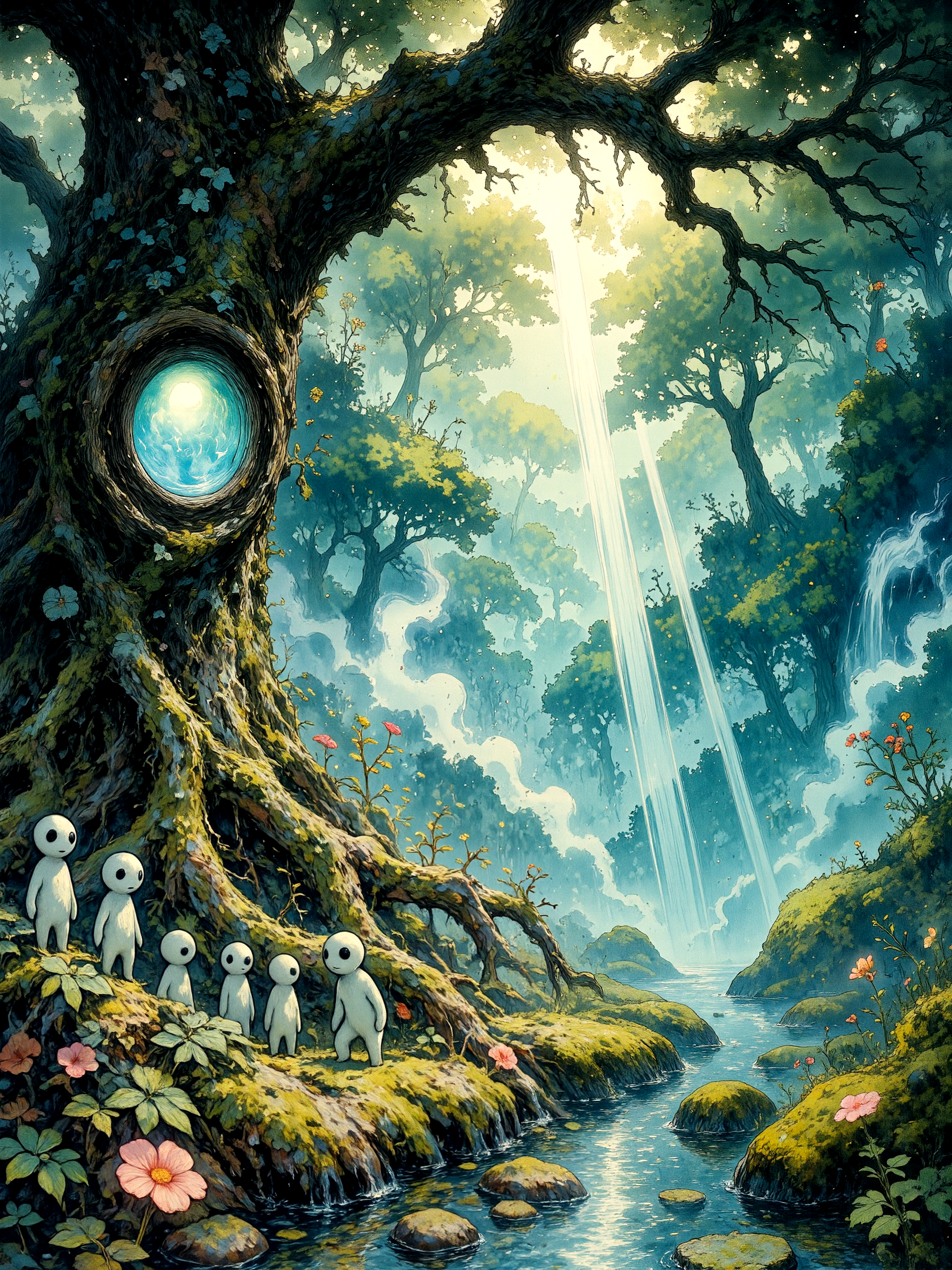 famous artwork, masterful ethereal fantasy watercolor painting, refined details, whimsical and otherworldly, in the heart of an ancient primordial forest stands a colossal tree with roots sprawling across the forest floor, the bark is thick, dark, and twisted, covered in patches of moss, vines, and tiny herbs, countless tiny kodama with stubby arms and legs stand and sit along the massive roots and branches, a glowing magical portal pulses gently within the trunk, radiating a soft aquamarine light bleeding into the misty air, the foreground features delicate colorful wildflowers and intricate herbs, twisted roots and scattered fallen leaves emerge through the fog with faded edges, the background fades into a deep, dense forest rendered with soft gradients and green and blue washes, the kodama are gathered in small clusters, looking curiously at the viewer with big black eyes, adding a quiet sense of mystery, wide scene with a slightly elevated angle, showing the full spread of the ancient tree and its gathering of tiny kodama, perspective softened to enhance the surreal and vast feeling of the sacred place, diffused golden and aquamarine light, softly blending into the shadows, with faint rays filtering through the mist, organic, flowing textures, brush marks visible in the mist and the bark for a tactile, handmade feel, painted with fine japanese sumi ink and delicate watercolor washes on textured cotton paper, minimalistic linework combined with soft color gradients, muted palette dominated by deep greens, earthy browns, pale gold, aquamarine and faint blue-gray shadows, ovg, style of rembrandt, <lora:kodama-flux-by_schmede:0.88> <lora:style-dark_ghibli-flux-by_arsmachina:0.48> <lora:style-rembrandt-flux-by_tangbohu:0.48>