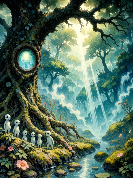 famous artwork, masterful ethereal fantasy watercolor painting, refined details, whimsical and otherworldly, in the heart of an ancient primordial forest stands a colossal tree with roots sprawling across the forest floor, the bark is thick, dark, and twisted, covered in patches of moss, vines, and tiny herbs, countless tiny kodama with stubby arms and legs stand and sit along the massive roots and branches, a glowing magical portal pulses gently within the trunk, radiating a soft aquamarine light bleeding into the misty air, the foreground features delicate colorful wildflowers and intricate herbs, twisted roots and scattered fallen leaves emerge through the fog with faded edges, the background fades into a deep, dense forest rendered with soft gradients and green and blue washes, the kodama are gathered in small clusters, looking curiously at the viewer with big black eyes, adding a quiet sense of mystery, wide scene with a slightly elevated angle, showing the full spread of the ancient tree and its gathering of tiny kodama, perspective softened to enhance the surreal and vast feeling of the sacred place, diffused golden and aquamarine light, softly blending into the shadows, with faint rays filtering through the mist, organic, flowing textures, brush marks visible in the mist and the bark for a tactile, handmade feel, painted with fine japanese sumi ink and delicate watercolor washes on textured cotton paper, minimalistic linework combined with soft color gradients, muted palette dominated by deep greens, earthy browns, pale gold, aquamarine and faint blue-gray shadows, ovg, style of rembrandt, <lora:kodama-flux-by_schmede:0.88> <lora:style-dark_ghibli-flux-by_arsmachina:0.48> <lora:style-rembrandt-flux-by_tangbohu:0.48>