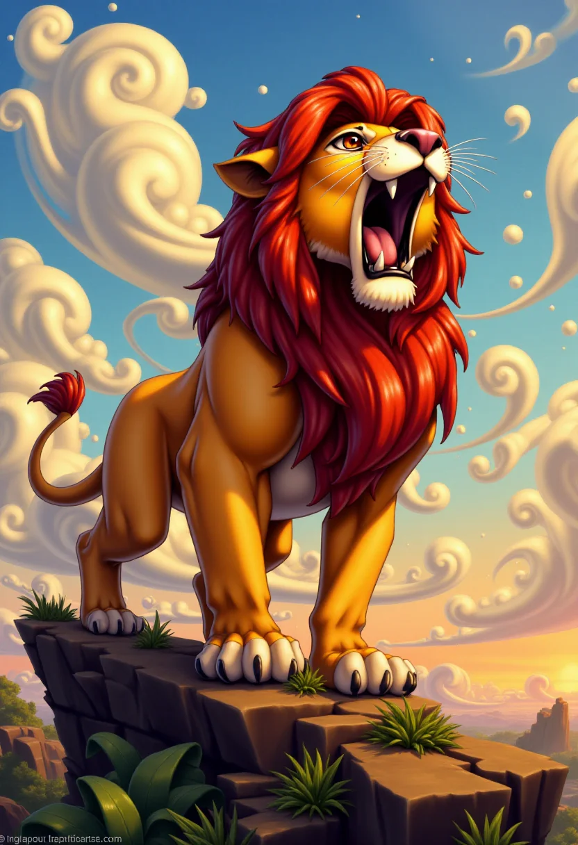 <lora:KFT_Curse_of_Dragons_Crown_Style_FLUX:1>
The image is a vibrant, digitally created kftfantasy illustration featuring Simba roaring on pride rock