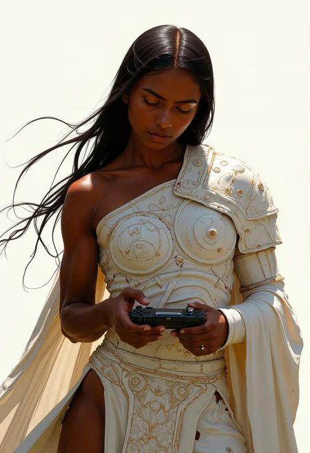 Her muscular shoulders and chest, partially revealed beneath the scratched and dented white armor, emphasize her powerful physique. The intricate engravings on the armor—symbols of divine power, laurel leaves, and ancient battle scenes—shimmer in the pale light, adding an ethereal yet fierce aura. Her skin glows with a bronze hue, glistening with sweat and remnants of battle, accentuating the voluptuous curves of her full neckline.
In her right hand, she grips a game controller, its buttons worn and scuffed from countless intense sessions, showcasing her mastery in a different kind of challenge. Her other hand rests confidently on her hip. A long, flowing white cape, draped elegantly over her shoulders, sways gently in the wind, contrasting the battered armor. The light casts soft, dramatic shadows across her frame, enhancing the commanding and divine strength she radiates.