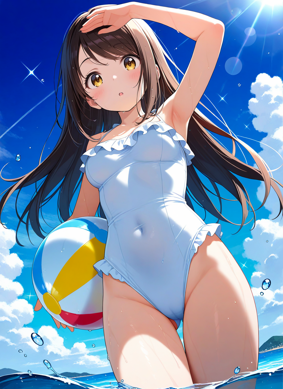 1girl, solo, long hair, beach ball, covered navel, brown hair, cloud, day, wading, blue sky, armpits, outdoors, looking at viewer, arm up, brown eyes, from below, blush, water, :o, thigh gap, lens flare, casual one-piece swimsuit, frills, parted lips, standing, yellow eyes, ass visible through thighs, cowboy shot, open mouth, wet, ocean, dutch angle, bare arms, shading eyes, sunlight, black hair, holding beach ball, cloudy sky, bare shoulders, looking down, swept bangs, hand on own head, sparkle, water drop, eyebrows visible through hair, carrying under arm, summer, hand on forehead, light rays, floating hair, straight hair, medium breasts, (cameltoe:0.7), <BREAK> , masterpiece, amazing quality, best quality, ultra-detailed, 8K, illustration, CG, anime coloring,