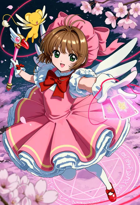 masterpiece,best quality,amazing quality,kisumi_rei kinomoto_sakura,cherry blossoms, cards,star \(symbol\),kero \(cardcaptor sakura\),[(foreshortening:1.3):foreshortening:10], (fuuin_no_tsue,wand:1.1),magical girl, full body,1girl, solo, smile,open mouth,from above, casting spell,[magic circle::15],string of fate, year 2024