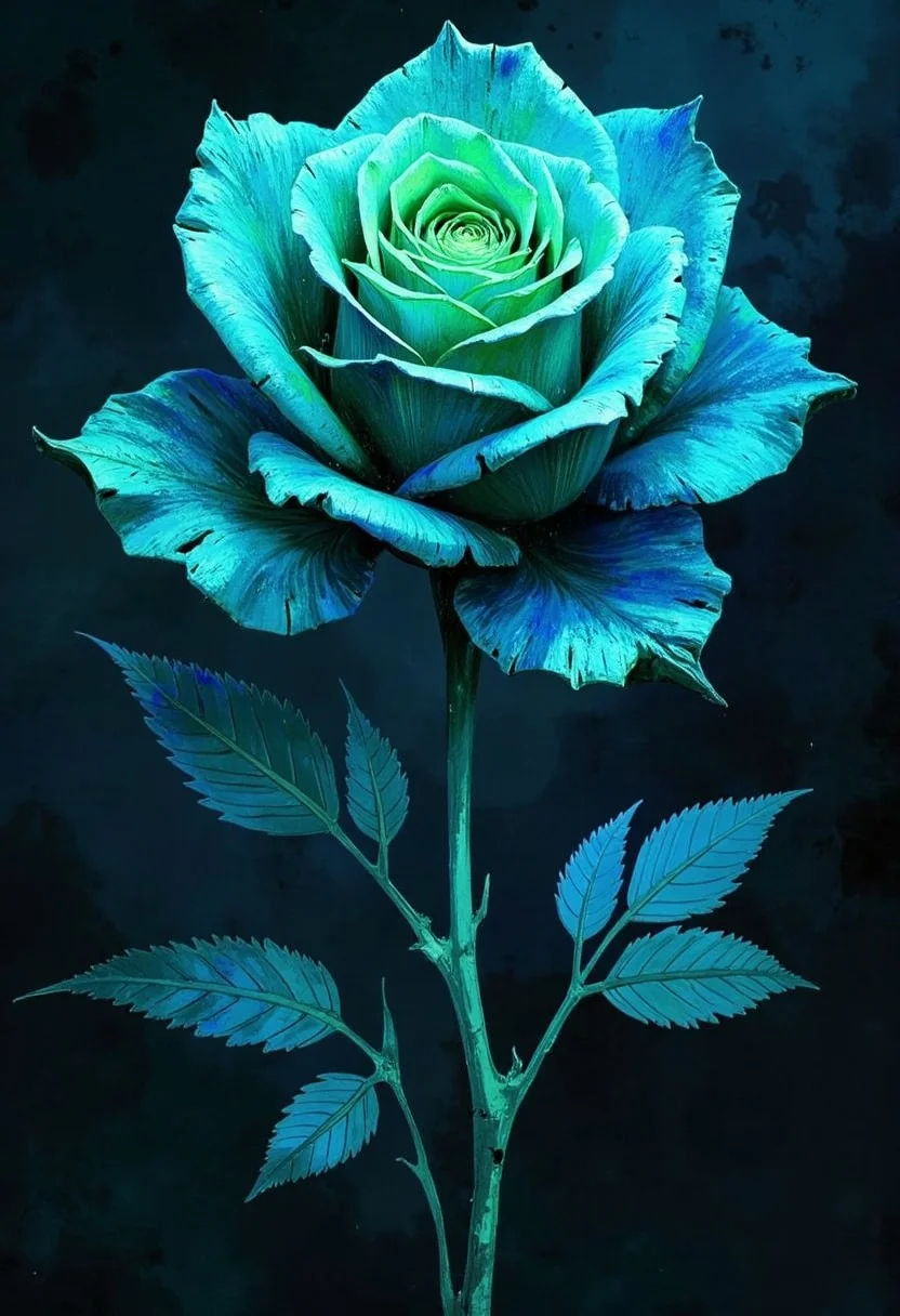Hybrid rose,flower,highly detailed,blue,green, bo-neon, ArcaneFGTNR