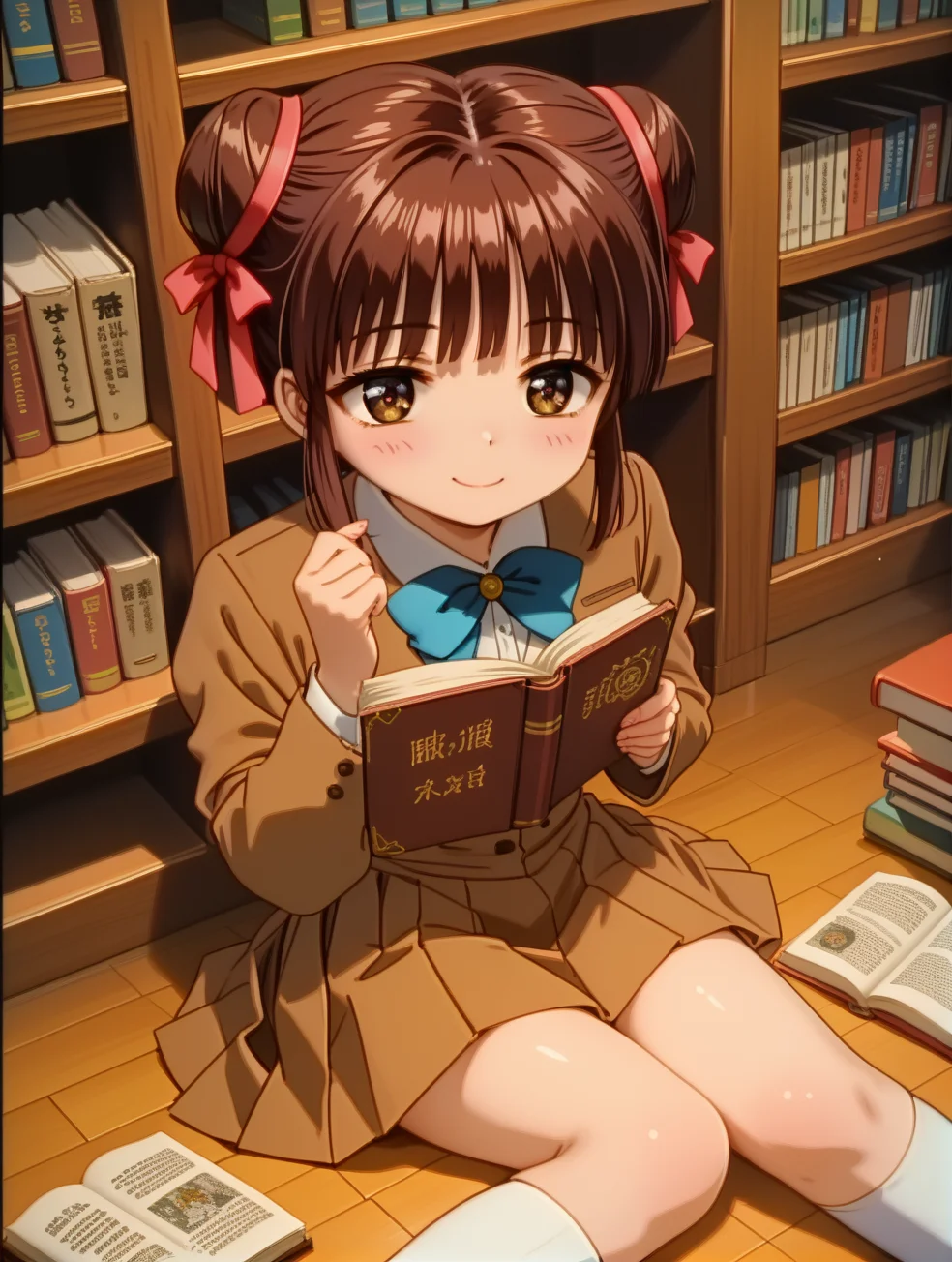score_9,score_8_up,score_7_up,source_anime,(extremely detailed:1),rating_safe,
(masterpiece, best quality, very aesthetic, ultra detailed),intricate details,4k,beautiful background,(uncensored),nsfw,ultra-detailed,
face_detail,
skin_detail,
lustrous_skin,skindentation,
<lora:Miaka_Yuuki:1>,Miaka Yuuki,1girl,brown hair,brown eyes,
Miaka uniform outfit | double bun,hair bun,ribbon,sidelocks,school uniform,jacket,pleated skirt,white kneehighs,bow,mary janes,
cute,dynamic_angle,
<lora:cfg_scale_boost:0.3>,library,book,open_book,book_stack,bookshelf,
read,sitting,
innocent_big_eyes,
happy,
cute,