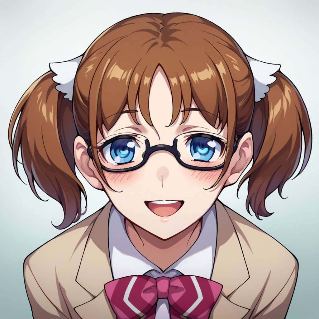 score_9, score_8_up, score_7_up, source_anime, sakuraiaina, short twintails, glasses, POV, looking at viewer, blush, smile, open mouth, upper teeth only