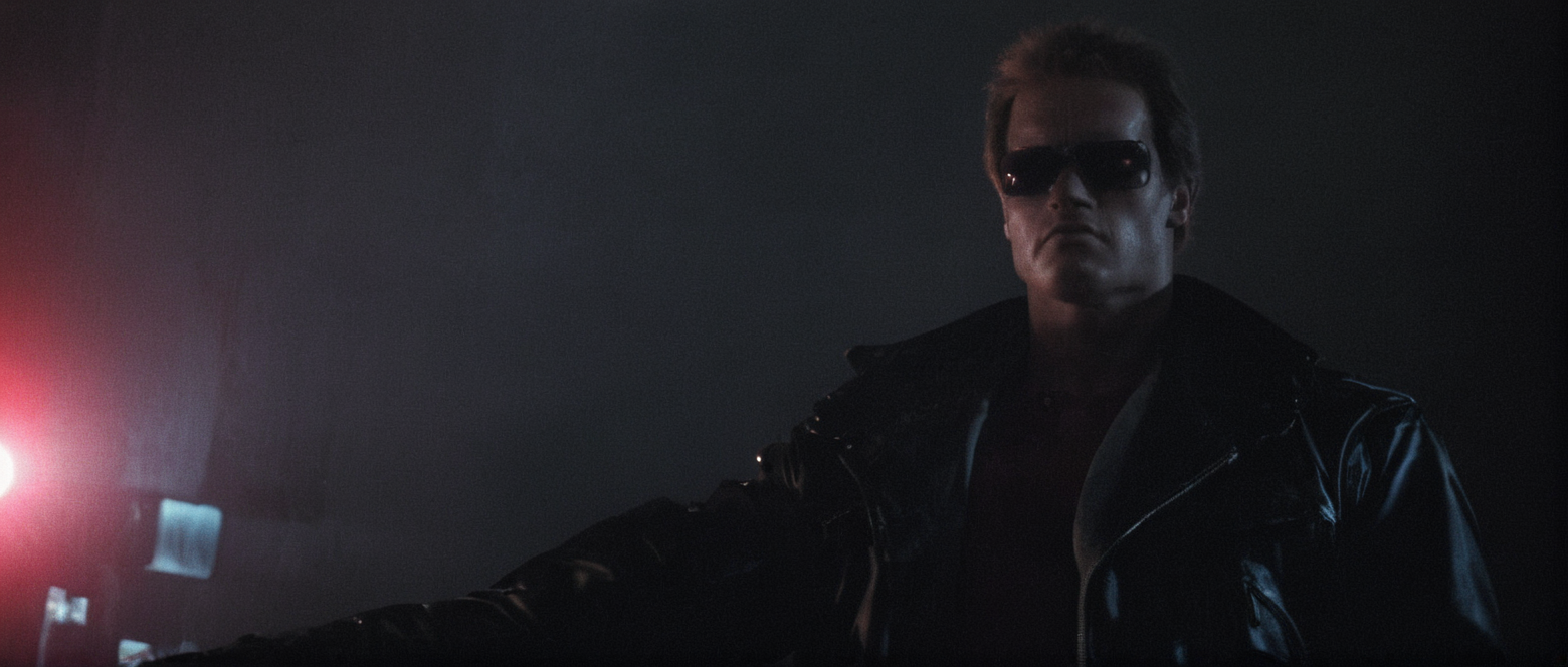 Horror-themed,  <lora:Terminator style:0.8>
In the 1980's Terminator a man in a police car with a red light on,solo,looking at viewer,shirt,1boy,jacket,male focus,chain,ground vehicle,motor vehicle,realistic,car,leather jacket , horror themed, dark themed, low key light, dramatic light, dramatic shadow light, contrast, cinematic color, cinematic look, filmic, realistic, realism, perfection, perfect, Kodak, Kodak film, movie still, Terminator style, The Terminator 1984 Film style, Eerie, unsettling, dark, spooky, suspenseful, grim, highly detailed