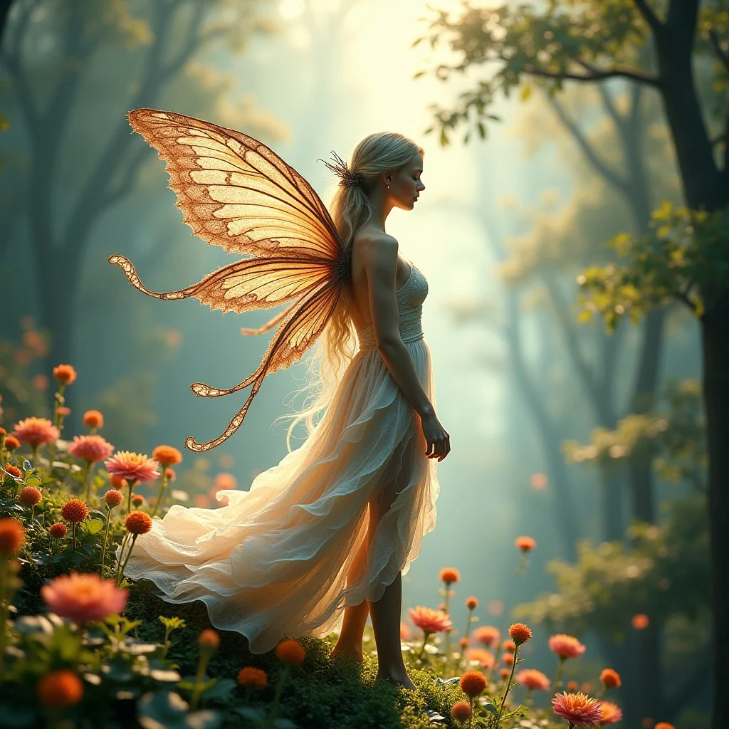 delicate, ethereal fairy with intricate wings and flowing, petal-like garments stands at the center, surrounded by lush, vibrant Wonderland scenery, with soft colors and smooth blends reminiscent of the dreamlike quality found in the works of Amy Brown, Kinuko Y. Craft, and Brian Froud, as if rendered in a hyper-detailed, concept art style, blending seamlessly with a subtle double exposure effect