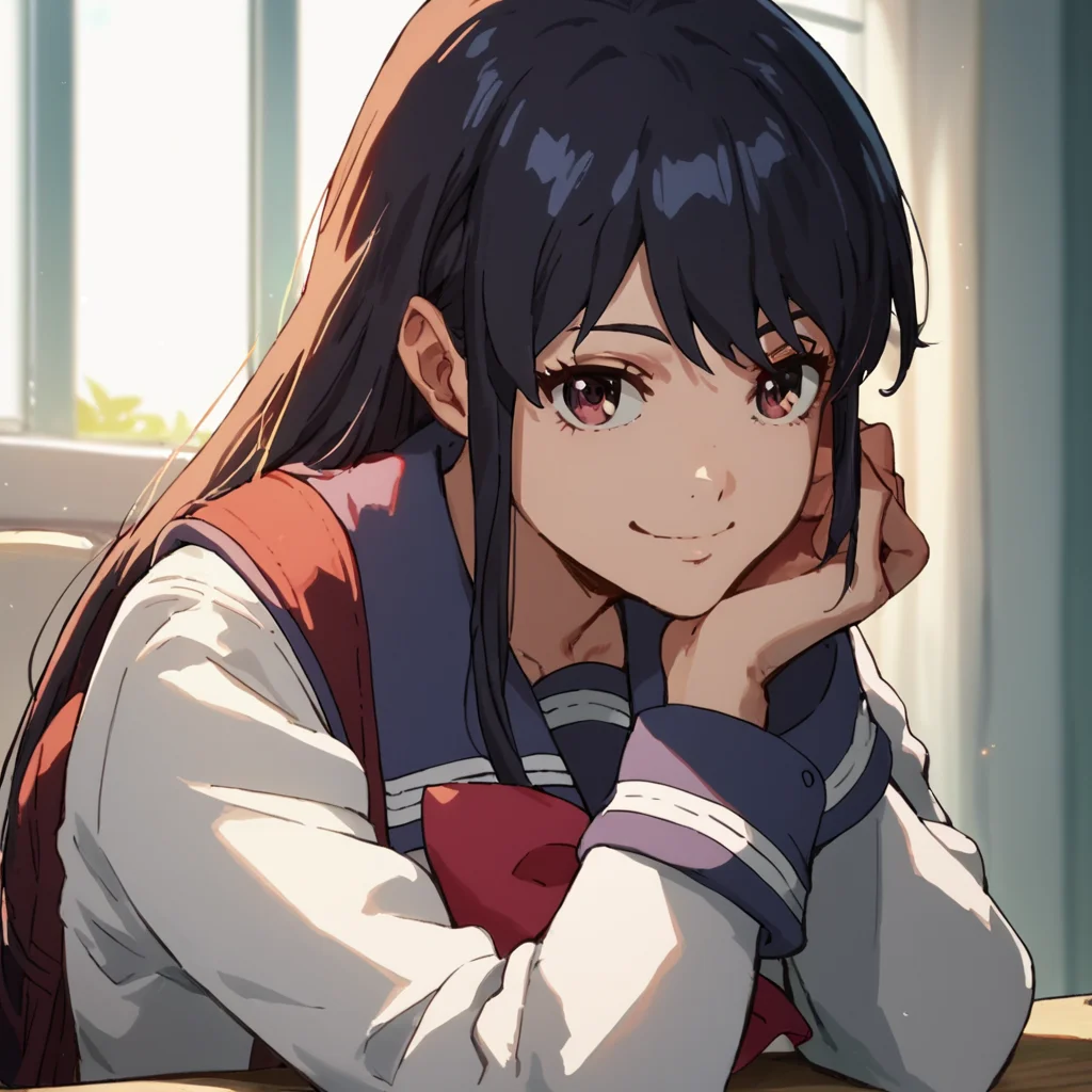 score_9, score_8_up, score_7_up, score_6_up, score_5_up, score_4_up, source_anime, YuriHonjo, school uniform, sitting, head rest, sweet smile, facing viewer