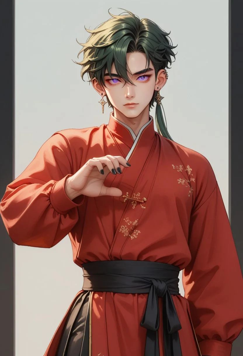 score_9, score_8_up, score_7_up, rating safe, 8k portrait, 1 boy,solo, full body, cowboy_shot, male focus, AntherimA, purple circular eyes, slit pupils, dark green hair, hair between eyes, asymmetrical hair parting, light_red_eyeshadow, ((1_earstud_left_side)), 20 years old, stoic pose, chinese_royal, chinese_clothing, dynamic pose, long large red sleeves, red clothing, black_waistband, long flowing fabrics,layered clothing , black nail varnish, highly detailed, professional photography, masterpiece, (finely detailed beautiful eyes: 1.2), hdr, black_background