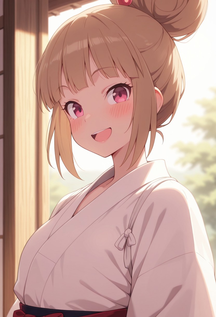 masterpiece,best quality,amazing quality, umenoki mitsuko, light brown hair, single hair bun, pink eyes, 1girl, solo, hair bun, smile, open mouth, shirt, hair ornament, japanese clothes, upper body, white shirt, :d, blush