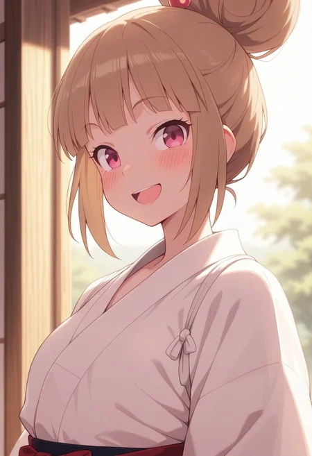 masterpiece,best quality,amazing quality, umenoki mitsuko, light brown hair, single hair bun, pink eyes, 1girl, solo, hair bun, smile, open mouth, shirt, hair ornament, japanese clothes, upper body, white shirt, :d, blush
