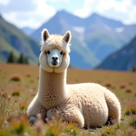A photograph of a very fluffy alpaca relaxing on the ground in a beautiful mountain landscape. Funny theme