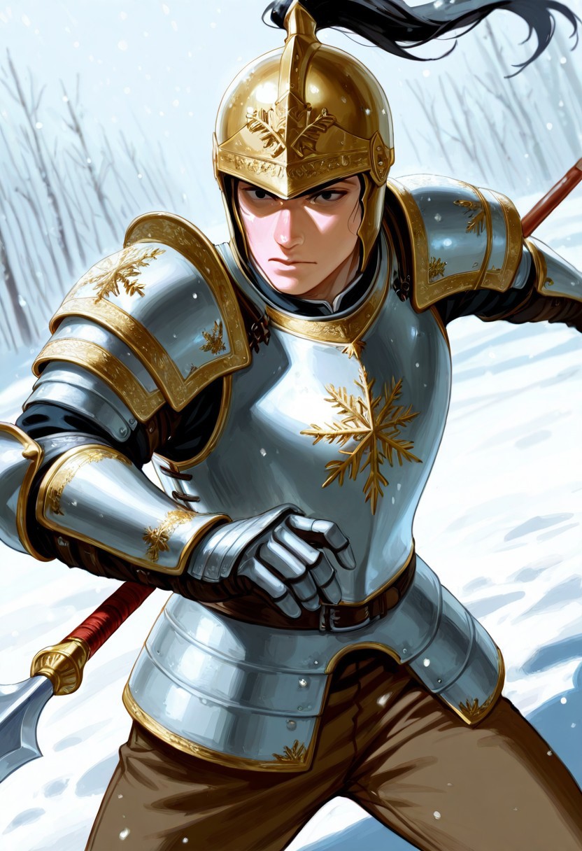 realistic shading, natural lighting, expressive serious face, machawdw-helmetted 1male focus, gold-white_machawdw_ponytail helmet, black eyes, eye_focus, holding spear, spear, fighting stance, cuirass, brown pants, armor, shiny skin, cowboy shot, snowing, snowflake, surreal, symbolic background, shadow, foreshortening, dutch angle, dynamic angle, dynamic action, intricately detailed illustration, cinematic, depth of field, atmospheric perspective, masterpiece, best quality, amazing quality, very aesthetic, absurdres, newest